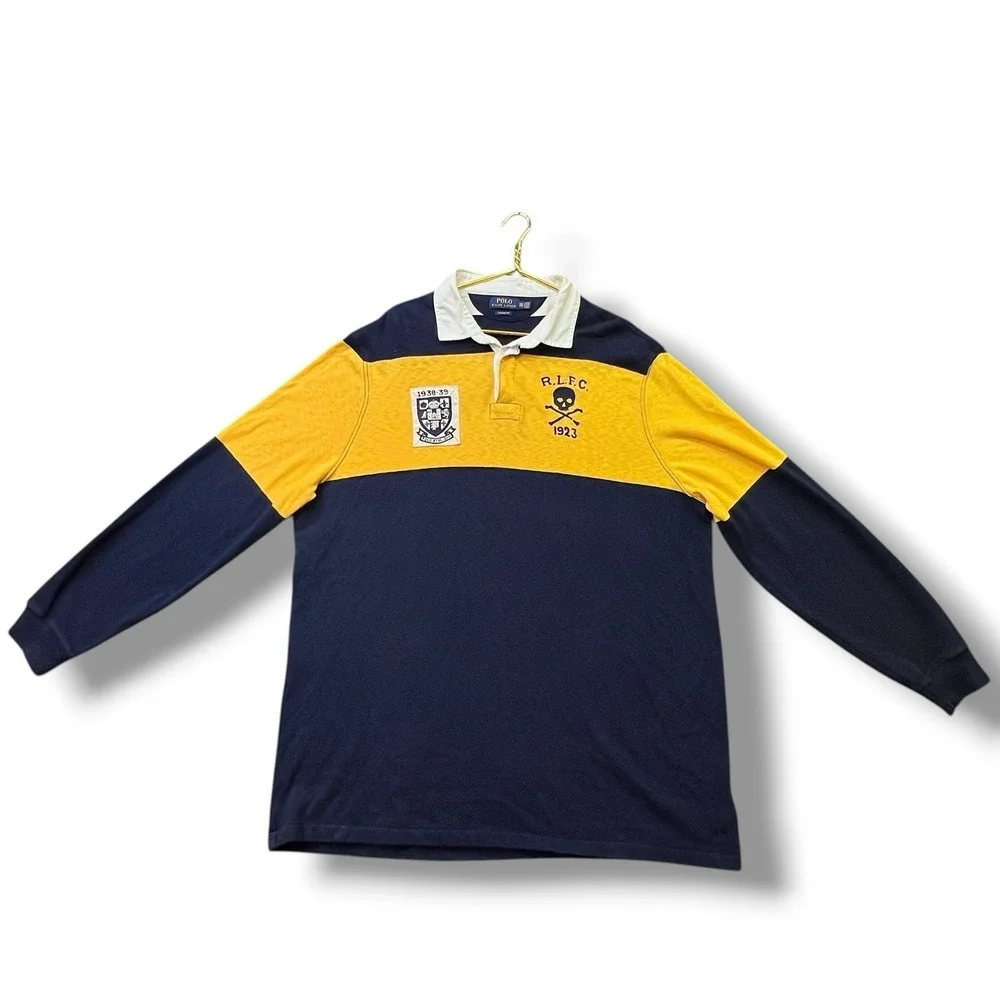 Polo Ralph Lauren RLFC Skull Bones Rugby Shirt Men's Size XXL Blue Yellow Crest
